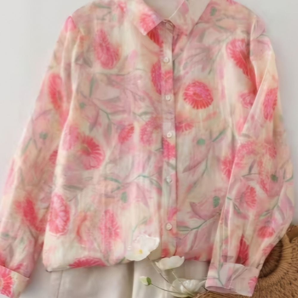 Shein Floral Pink Button-Up Flowy Shirt Pink Creaj Green Sz XXL
